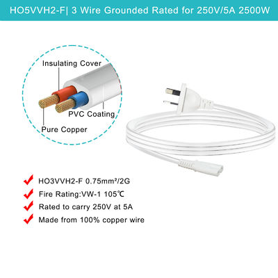 SAA προς IEC C7 Διοικητικό καλώδιο 2-Pin AU Plug 1M Λευκό Πιστοποιημένο ROHS