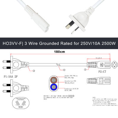SAA προς IEC C7 Διοικητικό καλώδιο 2-Pin AU Plug 1M Λευκό Πιστοποιημένο ROHS