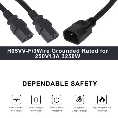 Ανθεκτικό OEM ODM Δύναμη C14 C13 3 Way Splitter Extension Cord 0,8m IP11