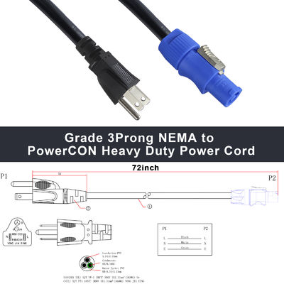 NEMA 5-15P προς NAC3FCA 10A/15A Αμερικανικό καλώδιο ηλεκτρικής ενέργειας AC 14AWG NEMA5-15P προς PowerCon NAC3FCA για οθόνη LED