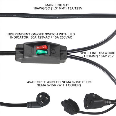 15A/125V Flat Plug Inline 1 Main Line 2 Sub Nema 515P 3Pin Y Type Splitter Power Cord με διακόπτη