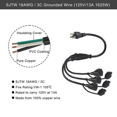 Πιστοποιητικό των ΗΠΑ 6Ft 3 Pin Plug 515P To 3 Way Nema 515R Ac Extension Cord Three Prong Outlet Splitter
