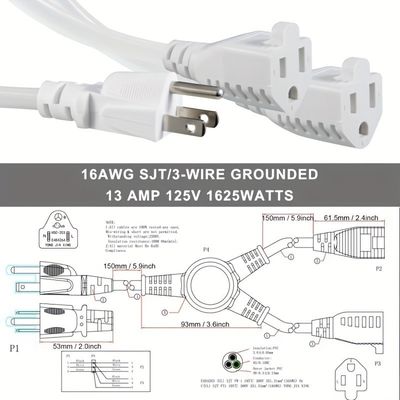 125V 13A Ηλεκτρικό καλώδιο ηλεκτρικής ενέργειας NEMA5-15P σε NEMA 5-15R 1 έως 2 Y Splitter SJT 16AWG 3 καλώδιο