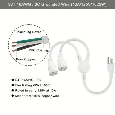 125V 13A Ηλεκτρικό καλώδιο ηλεκτρικής ενέργειας NEMA5-15P σε NEMA 5-15R 1 έως 2 Y Splitter SJT 16AWG 3 καλώδιο