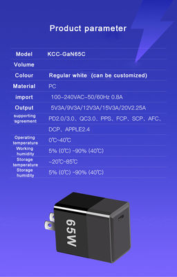 Προστασία από βραχυκύκλωμα 65W φορτιστή GaN με QC4.0 PD και θύρες USB C EU/US/UK Plug