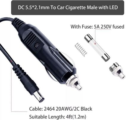 Φορητό καλώδιο DC12V για αναπτήρα τσιγάρων αυτοκινήτου με 5.5mm * 2.1mm συνδετήρα