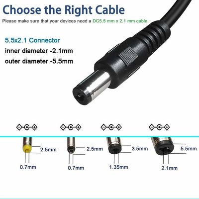 1M/1.2M 22AWG Copper DC Extension Cable 90 βαθμών δεξιά γωνία Jack 5.5*2.5mm