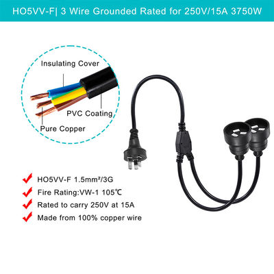 Αυστραλία Σημείο H05vv-f 3g 3*0.5mm2/0.75mm2 IEC Connector Power Cord με διπλό θηλυκό
