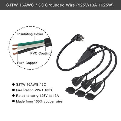 NEMA 5-15P 3x5-15R Y Δυναμικό καλώδιο διαχωρισμού 3FT 16AWG ελαστικό σακάκι