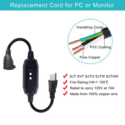 NEMA 5-15P έως 5-15R GFCI AC Power Cord 4ft Μαύρο