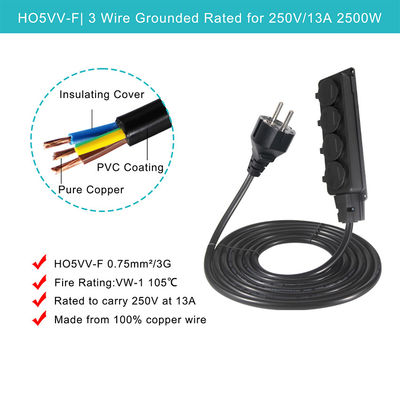 Europe Schuko Cords Adapter Type F plug Cable Σημείο ηλεκτρικής ενέργειας 4x πρίζες Eu Σύρμα επέκτασης