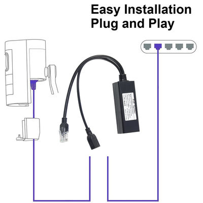 1Gbps Δυνατότητα διακόπτη PoE Splitter 48V έως 5V 2.4A USB τύπου A Γυναίκα 802.3af Δύναμη μέσω Ethernet
