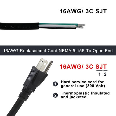 NEMA 5-15P έως 10MM Καλώδιο παρατάσεως χωρίς ισχύ SJT SJTW 3 καλωδίων