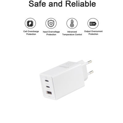 Ευρωπαίος GaN Tech 3Ports 65W USB C USB-A QC3.0 Φορτιστή για Λάπτοπ Λευκό