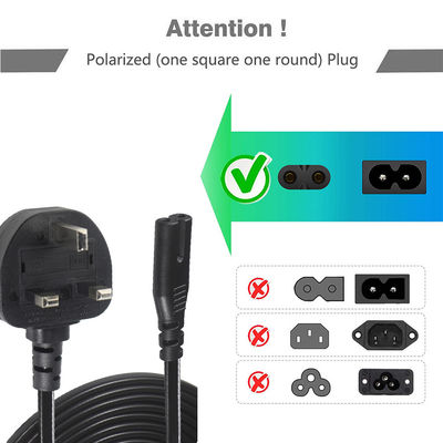 1.8M Μαύρο 0,75mm BS Standard Plug UK 3 Pin με IEC C7 AC καλώδιο ρεύματος με προσαρμοσμένο μήκος