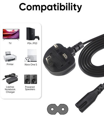 1.8M Μαύρο 0,75mm BS Standard Plug UK 3 Pin με IEC C7 AC καλώδιο ρεύματος με προσαρμοσμένο μήκος