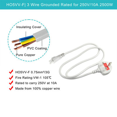 Βρετανία 3-Pin C5 Power Cord 6ft Μαύρο λευκό PVC Jacket BS ROHS πιστοποιημένο