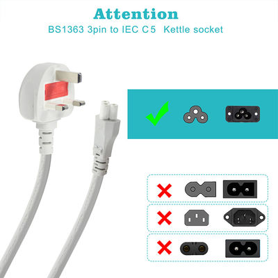 Βρετανία 3-Pin C5 Power Cord 6ft Μαύρο λευκό PVC Jacket BS ROHS πιστοποιημένο