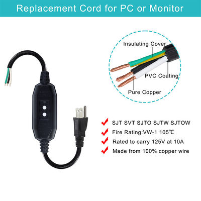 Βιομηχανικό βαρύ φορτίο 18AWG NEMA 5-15P καλώδιο ισχύος με προστασία RCD και γυμνά άκρα σύρμα για μηχανές/οικιακές συσκευές