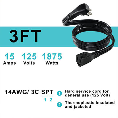 14 AWG SPT-3 Flat Wire Power Cord NEMA 5-15P έως 5-15R Straight Blade Plug 15A 125V Ευέλικτο καλώδιο για βιομηχανική / οικιακή χρήση