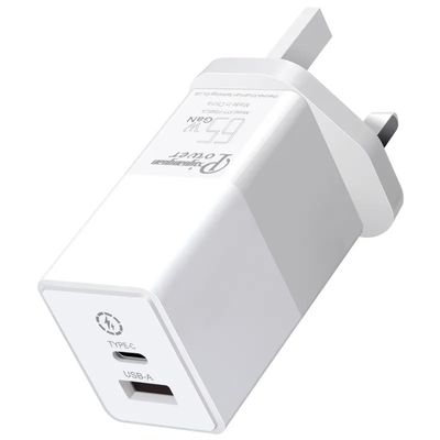 Φορτιστής τοίχου UK 2-Pin με θύρες USB-C και USB-A, προσαρμογέας τροφοδοσίας υψηλής ταχύτητας διπλής θύρας 65W για φορητό υπολογιστή/τηλέφωνο/tablet