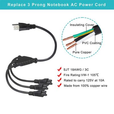 Καλώδιο διαχωριστή ισχύος NEMA 5-15P σε 4-Way IEC C5 για φορητούς υπολογιστές