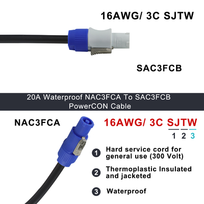 Καλώδιο επέκτασης PowerCON -3-Pin Locking AC Power Cord για φωτισμό σκηνής, ηχητικό εξοπλισμό, διανομή ισχύος εκδηλώσεων