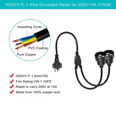 AU Plug to 2 x AUS Socket Splitter Extension Cord - Australian 3-Pin Mains Power Cable
