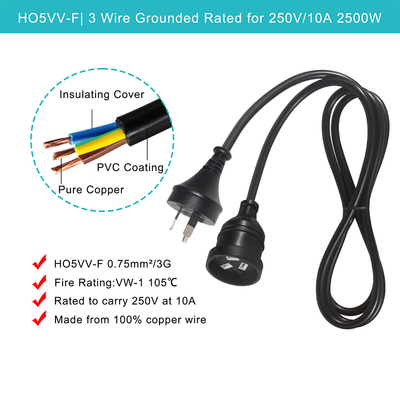 Παγκόσμιο 3 Πιν Αυστραλία Aus NZs Plug Computer Cable Άντρας προς θηλυκό ηλεκτρικό καλώδιο